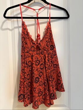 Free People hot-coral Paisley Lace-Trim Camisole Top